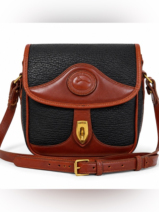 Dooney & Bourke Handbags - Vintage Dooney & Bourke AWL Cavalry Crossbody Bag Black Pebble Leather Tan USA